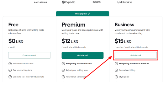Grammarly Pricing - Click On Get started